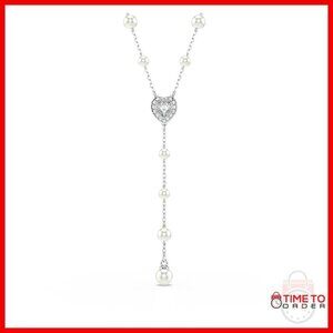 Crystal Pearl Y-Necklace with Heart Motif, Rhodium Finish, 18-inch